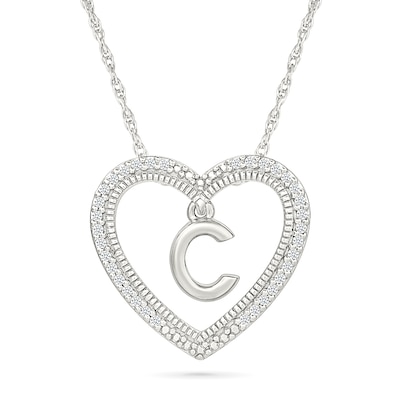 0.085 CT. T.W. Diamond "C" Initial Dangle Heart Necklace in Sterling Silver