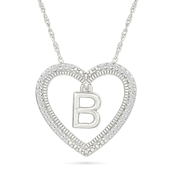 0.085 CT. T.W. Diamond "B" Initial Dangle Heart Necklace in Sterling Silver