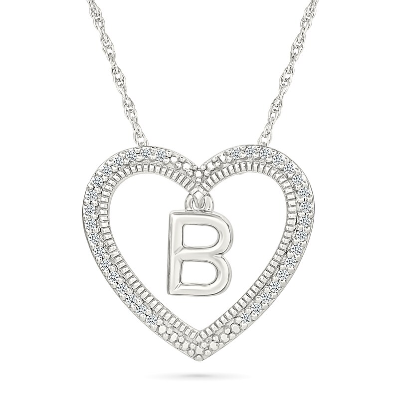 Main Image 1 of 0.085 CT. T.W. Diamond &quot;B&quot; Initial Dangle Heart Necklace in Sterling Silver