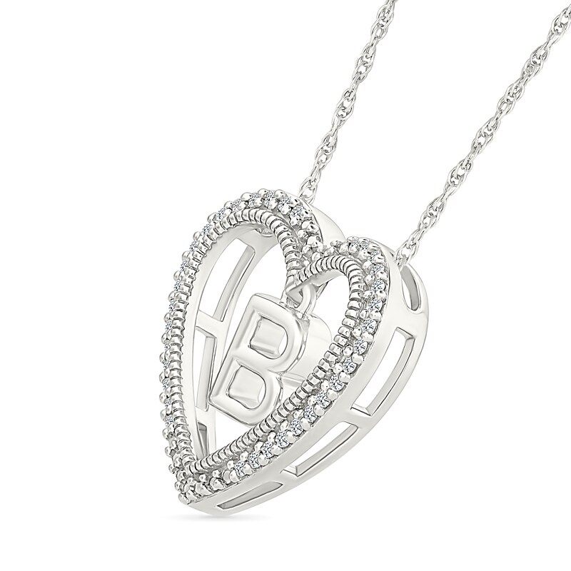 Main Image 2 of 0.085 CT. T.W. Diamond &quot;B&quot; Initial Dangle Heart Necklace in Sterling Silver