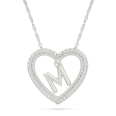 0.085 CT. T.W. Diamond "M" Initial Dangle Heart Necklace in Sterling Silver