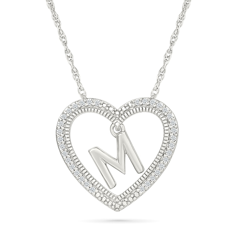 Main Image 1 of 0.085 CT. T.W. Diamond &quot;M&quot; Initial Dangle Heart Necklace in Sterling Silver