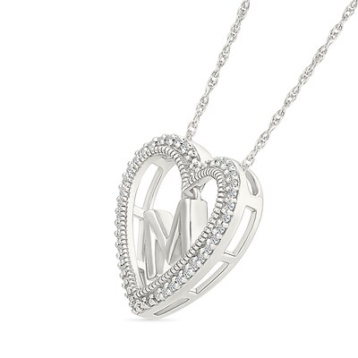 0.085 CT. T.W. Diamond "M" Initial Dangle Heart Necklace in Sterling Silver