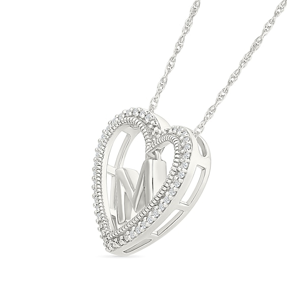 0.085 CT. T.W. Diamond "M" Initial Dangle Heart Necklace in Sterling Silver