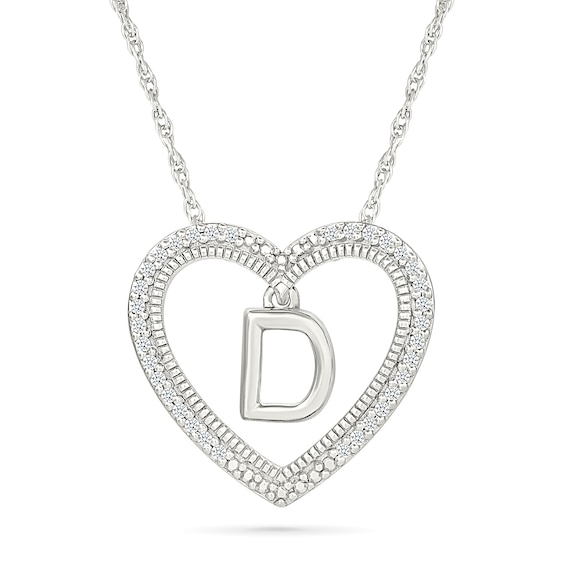 0.085 CT. T.W. Diamond "D" Initial Dangle Heart Necklace in Sterling Silver