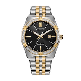 Men's Citizen Eco-Drive® 0.085 CT. T.W. Diamond Corso Two-Tone IP Watch with Black Dial (Model: BM7644-51E)