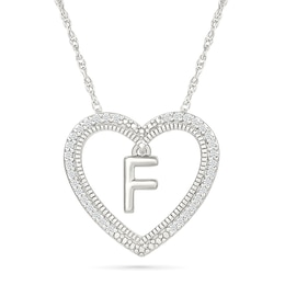 0.085 CT. T.W. Diamond &quot;F&quot; Initial Dangle Heart Necklace in Sterling Silver