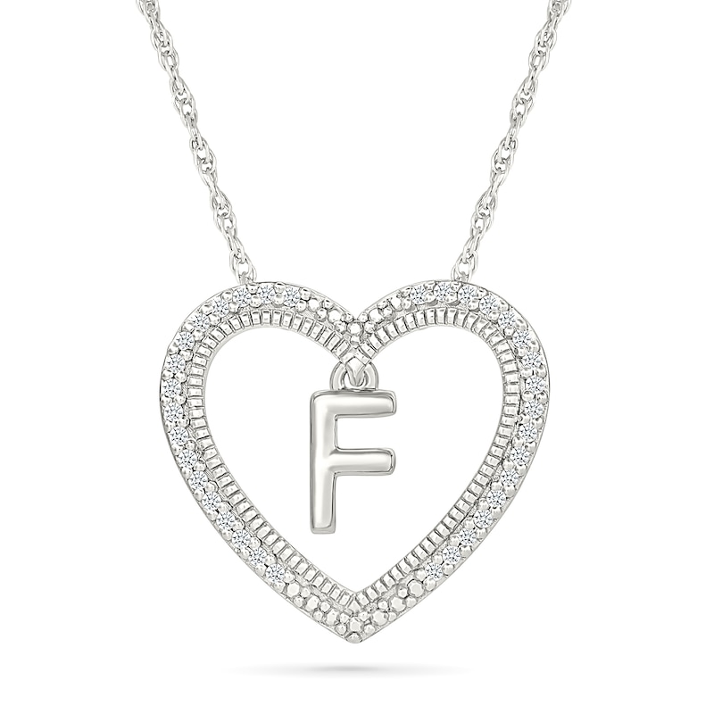 Main Image 1 of 0.085 CT. T.W. Diamond &quot;F&quot; Initial Dangle Heart Necklace in Sterling Silver