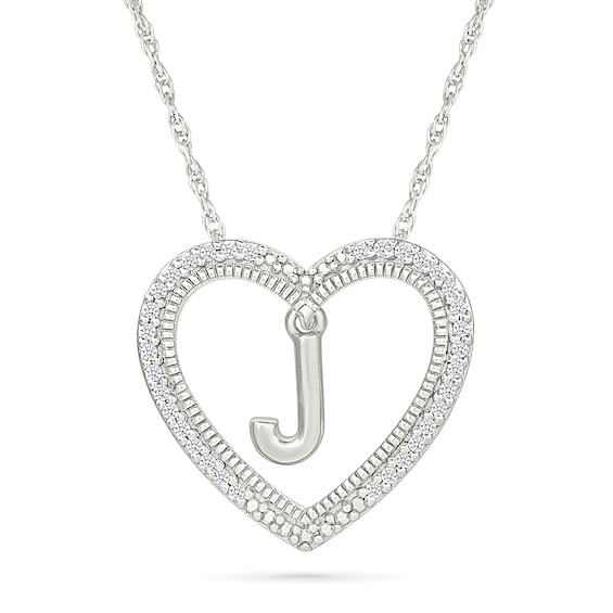 0.085 CT. T.W. Diamond "J" Initial Dangle Heart Necklace in Sterling Silver