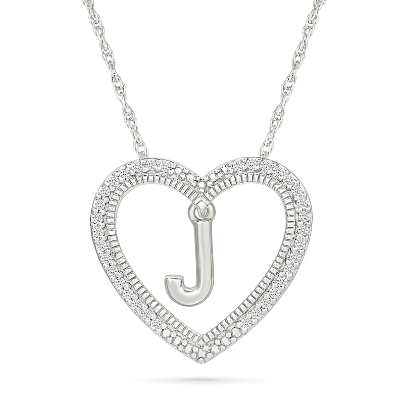 Main Image 1 of 0.085 CT. T.W. Diamond &quot;J&quot; Initial Dangle Heart Necklace in Sterling Silver