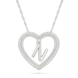 0.085 CT. T.W. Diamond &quot;N&quot; Initial Dangle Heart Necklace in Sterling Silver