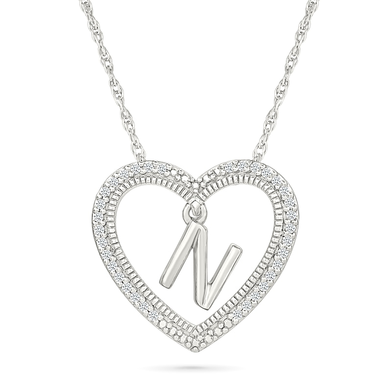 0.085 CT. T.W. Diamond "N" Initial Dangle Heart Necklace in Sterling Silver