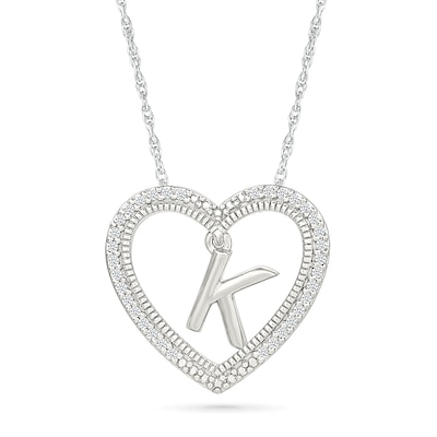 0.085 CT. T.W. Diamond "K" Initial Dangle Heart Necklace in Sterling Silver