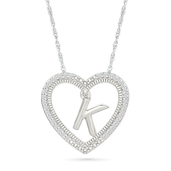 0.085 CT. T.W. Diamond "K" Initial Dangle Heart Necklace in Sterling Silver