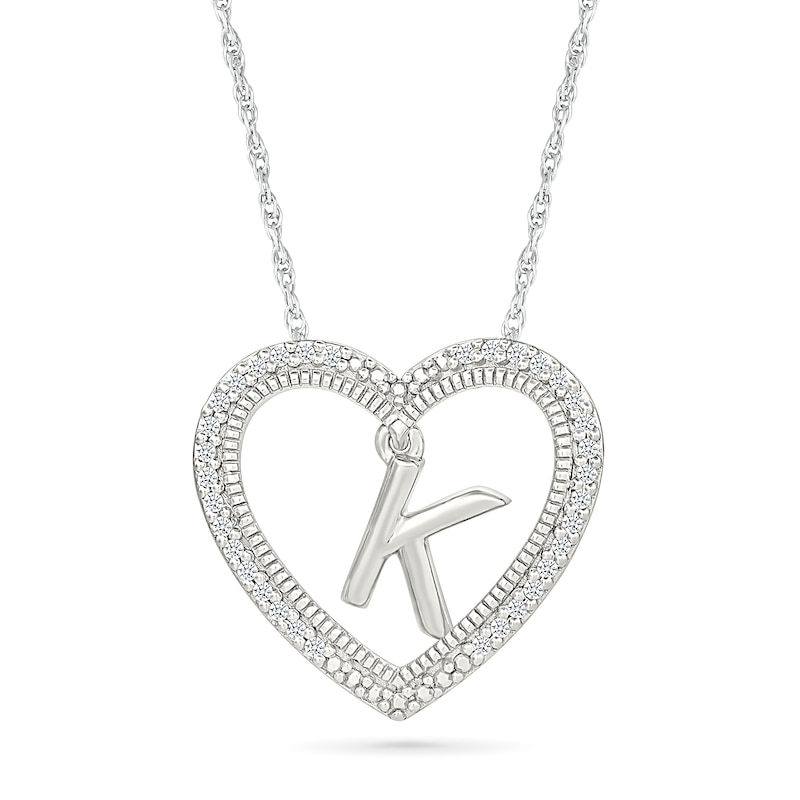 Main Image 1 of 0.085 CT. T.W. Diamond &quot;K&quot; Initial Dangle Heart Necklace in Sterling Silver