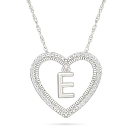 0.085 CT. T.W. Diamond &quot;E&quot; Initial Dangle Heart Necklace in Sterling Silver