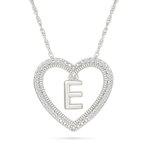 0.085 CT. T.W. Diamond "E" Initial Dangle Heart Necklace in Sterling Silver