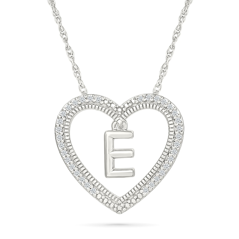 0.085 CT. T.W. Diamond "E" Initial Dangle Heart Necklace in Sterling Silver