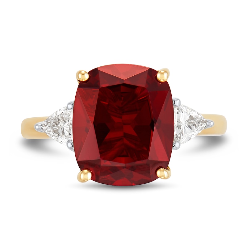 Cushion-Cut Lab-Created Ruby and 0.37 CT. T.W. Trillion-Cut Certified Lab-Created Diamond Three Stone Ring in 10K Gold|Peoples Jewellers