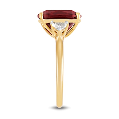 Cushion-Cut Lab-Created Ruby and 0.37 CT. T.W. Trillion-Cut Certified Lab-Created Diamond Three Stone Ring in 10K Gold