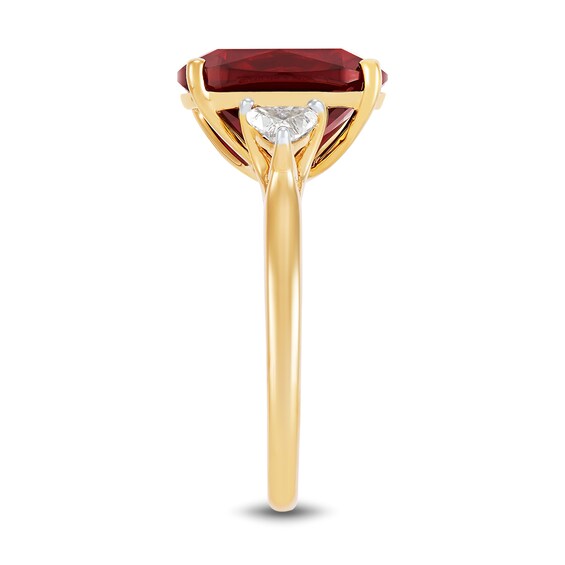 Cushion-Cut Lab-Created Ruby and 0.37 CT. T.W. Trillion-Cut Certified Lab-Created Diamond Three Stone Ring in 10K Gold