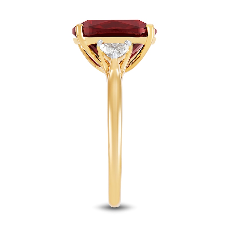 Cushion-Cut Lab-Created Ruby and 0.37 CT. T.W. Trillion-Cut Certified Lab-Created Diamond Three Stone Ring in 10K Gold|Peoples Jewellers