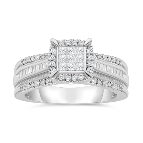 0.45 CT. T.W. Princess-Cut Multi-Diamond Cushion Frame Triple Row Engagement Ring in 14K White Gold