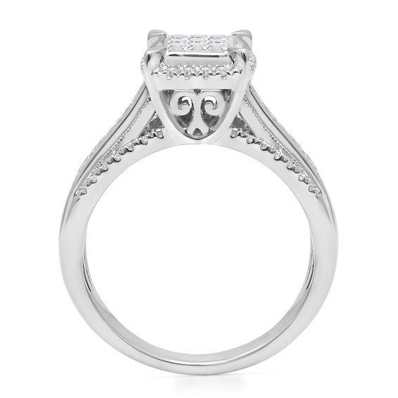 0.45 CT. T.W. Princess-Cut Multi-Diamond Cushion Frame Triple Row Engagement Ring in 14K White Gold