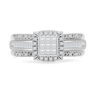 0.45 CT. T.W. Princess-Cut Multi-Diamond Cushion Frame Triple Row Engagement Ring in 14K White Gold