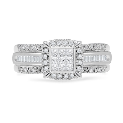 0.45 CT. T.W. Princess-Cut Multi-Diamond Cushion Frame Triple Row Engagement Ring in 14K White Gold