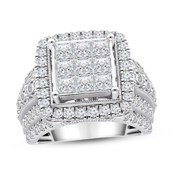 3.95 CT. T.W. Princess-Cut Multi-Diamond Cushion Frame Multi-Row Engagement Ring in 10K White Gold