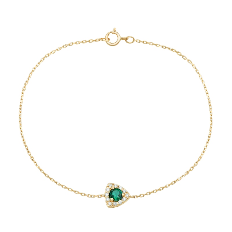 4.0mm Lab-Created Emerald and 0.085 CT. T.W. Certified Lab-Created Diamond Trillion Frame Bracelet in 10K Gold - 7.25”