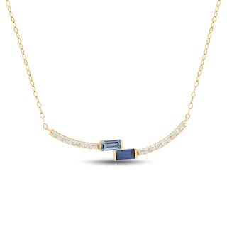 Baguette Blue Lab-Created Sapphire and 0.145 CT. T.W. Certified Lab-Created Diamond Bypass Necklace in 10K Gold - 17"