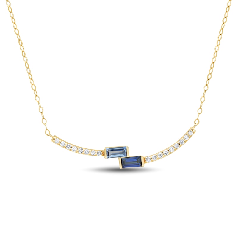 Baguette Blue Lab-Created Sapphire and 0.145 CT. T.W. Certified Lab-Created Diamond Bypass Necklace in 10K Gold - 17"|Peoples Jewellers