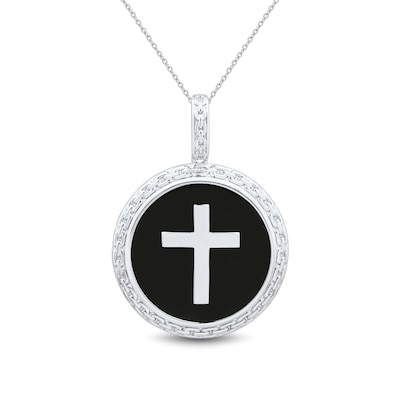 23.0mm Onyx Cross Chain Link Frame Pendant in Sterling Silver