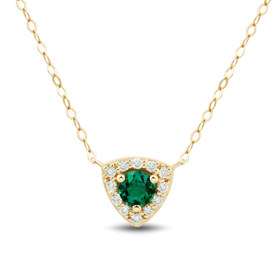 4.0mm Lab-Created Emerald and 0.085 CT. T.W. Certified Lab-Created Diamond Trillion Frame Necklace in 10K Gold - 17"