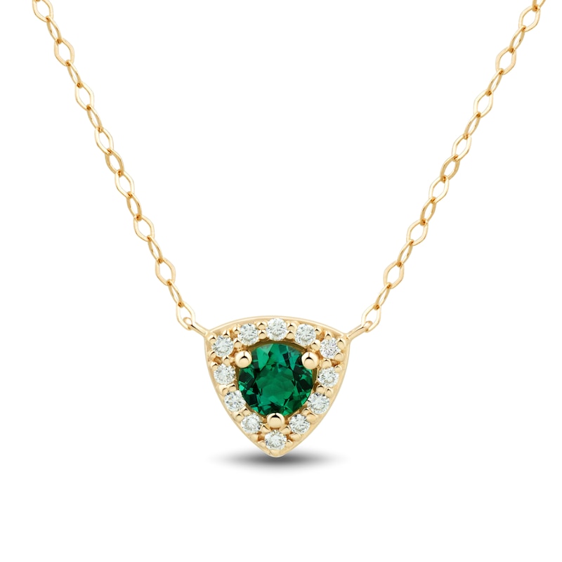 4.0mm Lab-Created Emerald and 0.085 CT. T.W. Certified Lab-Created Diamond Trillion Frame Necklace in 10K Gold - 17"|Peoples Jewellers