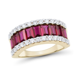 Baguette Lab-Created Ruby and 0.69 CT. T.W. Certified Lab-Created Diamond Edge Ring in 10K Gold (I/SI2)