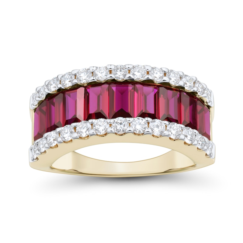 Baguette Lab-Created Ruby and 0.69 CT. T.W. Certified Lab-Created Diamond Edge Ring in 10K Gold (I/SI2)|Peoples Jewellers