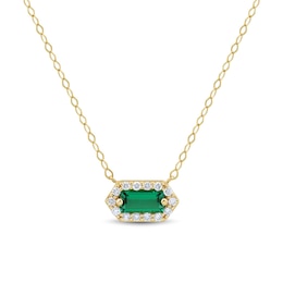 Baguette-Cut Lab-Created Emerald and 0.085 CT. T.W. Certified Lab-Created Diamond Hexagon Frame Necklace in 10K Gold