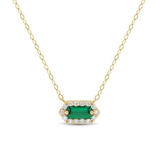 Baguette-Cut Lab-Created Emerald and 0.085 CT. T.W. Certified Lab-Created Diamond Hexagon Frame Necklace in 10K Gold