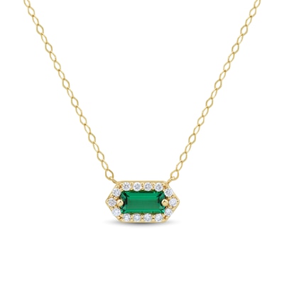 Baguette-Cut Lab-Created Emerald and 0.085 CT. T.W. Certified Lab-Created Diamond Hexagon Frame Necklace in 10K Gold