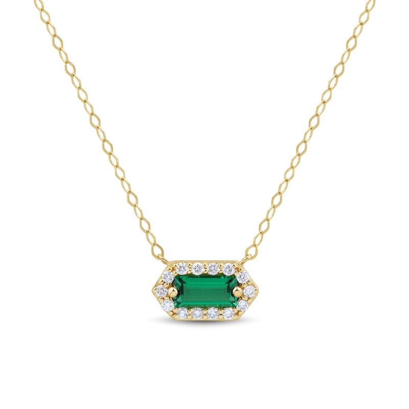 Baguette-Cut Lab-Created Emerald and 0.085 CT. T.W. Certified Lab-Created Diamond Hexagon Frame Necklace in 10K Gold|Peoples Jewellers