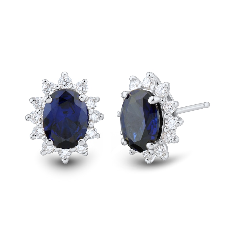 Oval Blue Lab-Created Sapphire and 0.45 CT. T.W. Certified Lab-Created Diamond Sunburst Stud Earrings in 10K White Gold