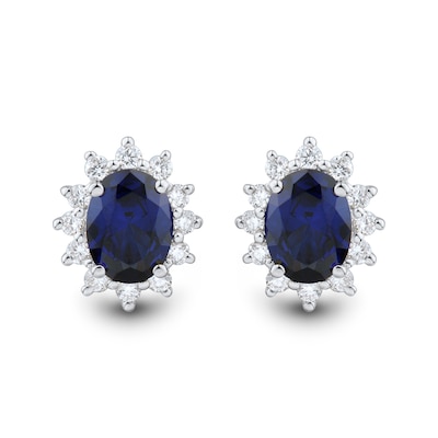 Oval Blue Lab-Created Sapphire and 0.45 CT. T.W. Certified Lab-Created Diamond Sunburst Stud Earrings in 10K White Gold