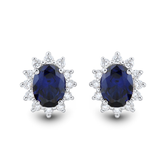 Oval Blue Lab-Created Sapphire and 0.45 CT. T.W. Certified Lab-Created Diamond Sunburst Stud Earrings in 10K White Gold