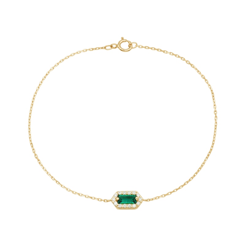 Emerald-Cut Lab-Created Emerald and 0.085 CT. T.W. Certified Lab-Created Diamond Hexagon Frame Bracelet in 10K Gold