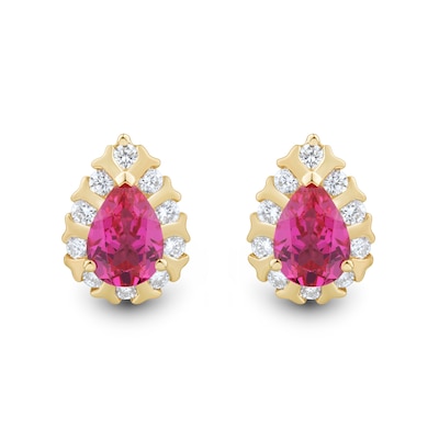 Pear-Shaped Lab-Created Ruby and 0.37 CT. T.W. Certified Lab-Created Diamond Frame Stud Earrings in 10K Gold (F/SI2)