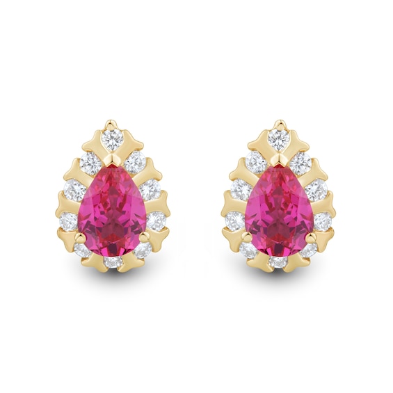 Pear-Shaped Lab-Created Ruby and 0.37 CT. T.W. Certified Lab-Created Diamond Frame Stud Earrings in 10K Gold (F/SI2)