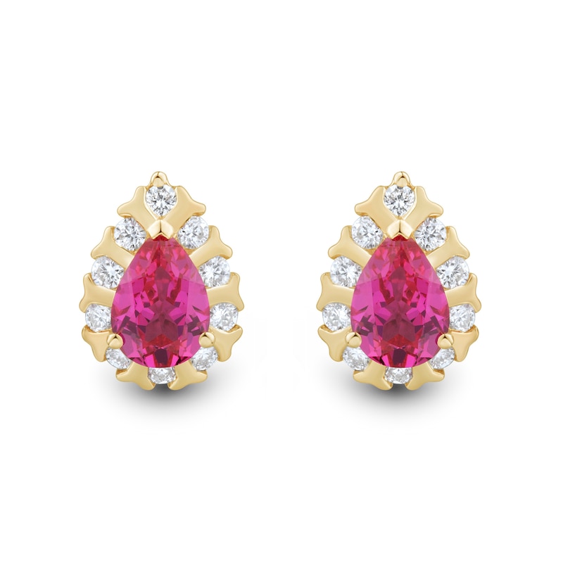 Pear-Shaped Lab-Created Ruby and 0.37 CT. T.W. Certified Lab-Created Diamond Frame Stud Earrings in 10K Gold (F/SI2)|Peoples Jewellers